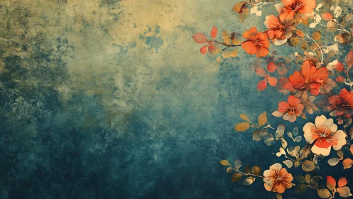 Vintage Floral Composition With Weathered Teal and Gold Abstraction