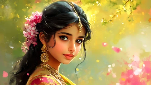 Elegant Indian Woman with Floral Adornments in Artistic Portrait.