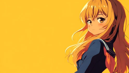 Golden haired anime girl gazes back in bold yellow light