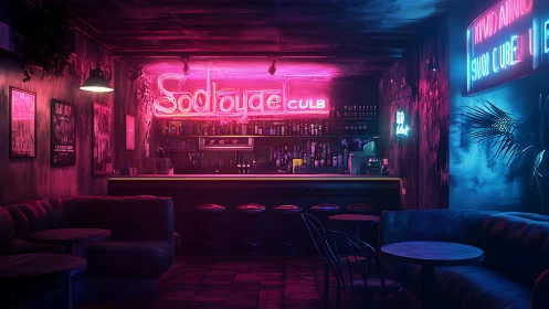 Neon lit cocktail bar interior with empty lounge seating.