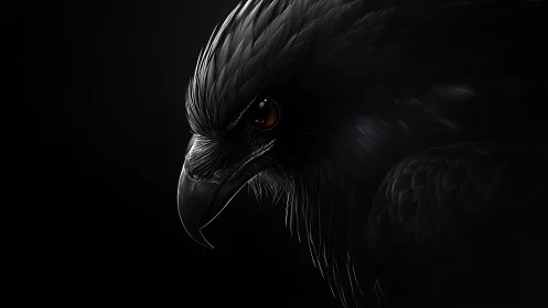 Raven of midnight steel with a burning ember eye poised.