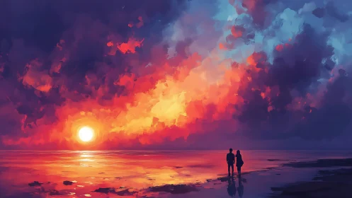 Romantic silhouettes beneath saturated painterly sunset sky.