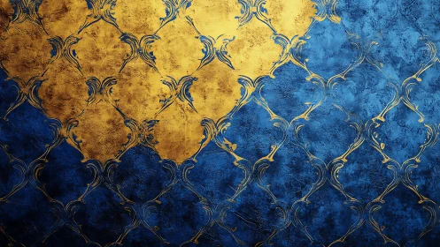 Blue and gold patterned surface with textured metallic lattice.
