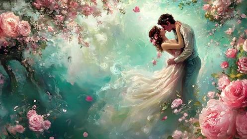 Romantic Moment Among Blooming Flowers.