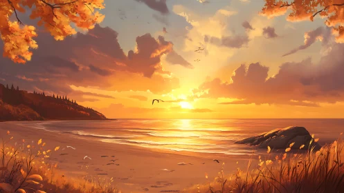 Autumn shoreline sunset with golden clouds and warm surf glow.