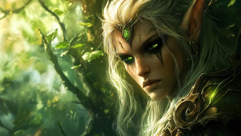 Elf warrior with glowing eyes stands in dense forest light