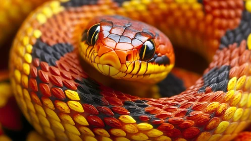 Macro study of coiled tricolored snake with high-gloss scales