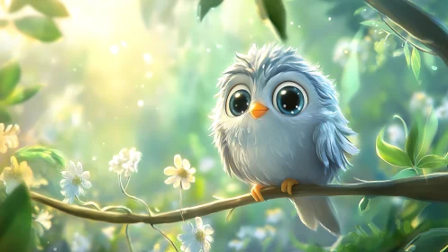 Cute fluffy cartoon bird with big eyes on a sunny forest branch.