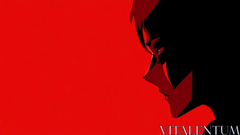 Brooding anime profile against stark red negative space.