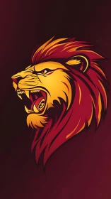 Roaring lion profile with blazing crimson gradient mane