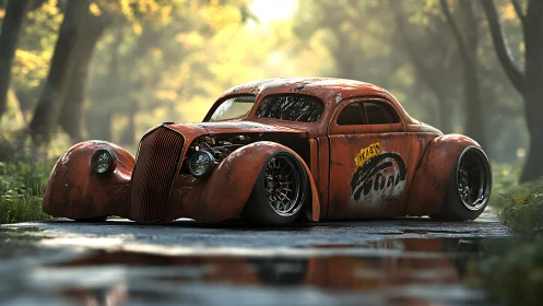 Customized rusty hot rod coupe sits on wet forest road