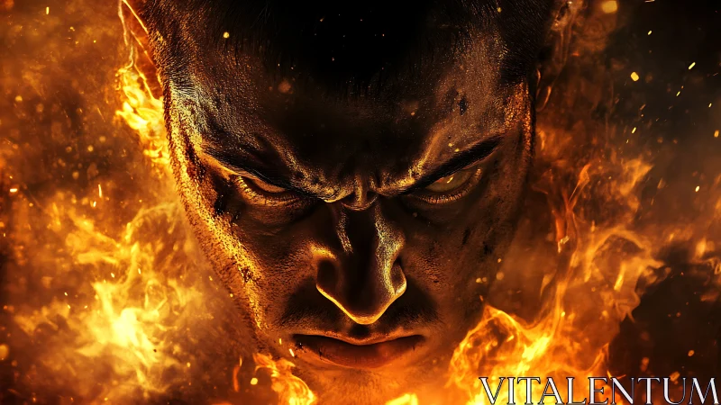 Burning warrior face emerges from swirling inferno flames