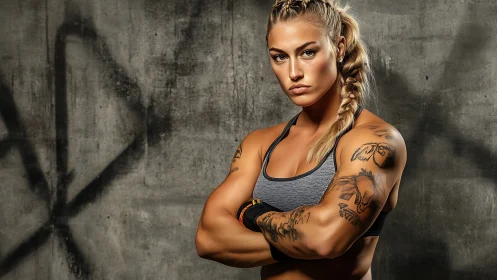Muscular tattooed athlete posing against concrete wall.