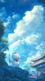Maneki-neko statue overlooks temple under volumetric cumulus sky