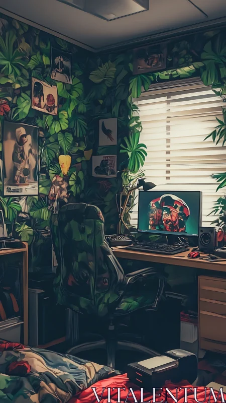 Jungle gamer haven glows around a leafy camo battlestation.