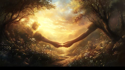 Luminous Forest Canopy with Interconnected Giant Hands at Dusk.