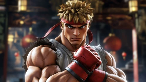 Focused street fighter stands ready with calm determination.