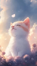 Serene White Cat Gazing Skyward Among Blooming Flowers.