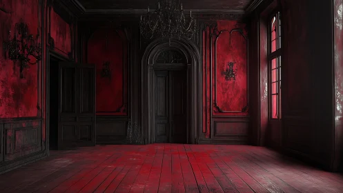 Dark red gothic interior with empty wooden floored room.