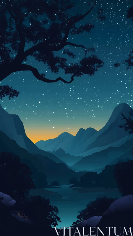 Layered mountain valley under starlit predawn gradient sky