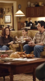 Family in warm-toned living room sharing casual evening meal