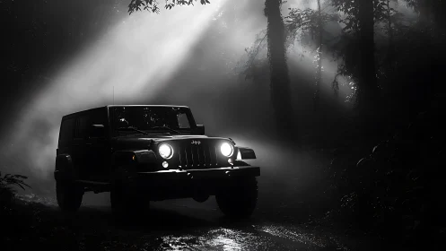 Off-road SUV cuts through misty forest trail at night