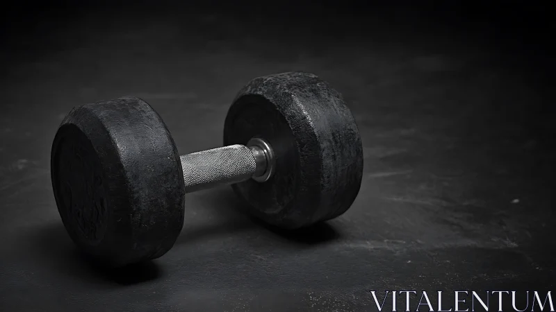 Single black dumbbell rests on a dark textured surface