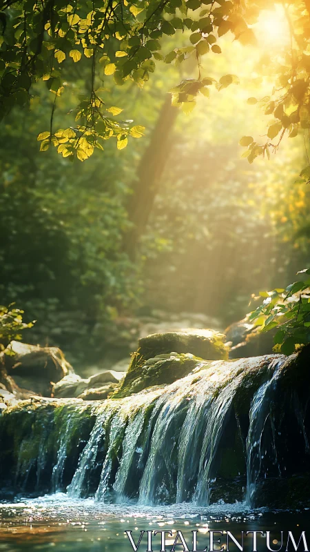 Golden morning sunlight gently kisses a tranquil forest stream