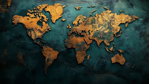 Golden textured world map glowing on deep teal seas.