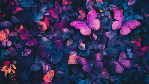 Neon twilight butterflies drift across midnight jungle leaves
