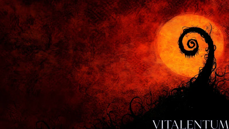 Twisted silhouette curls before blazing textured blood moon.