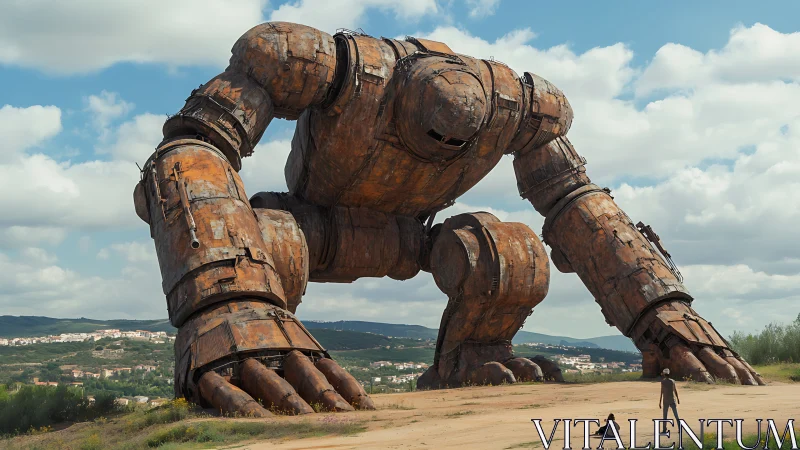 Colossal rusted mech looms over quiet rural landscape.