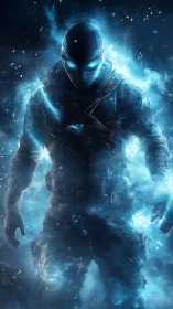 Cyberpunk spectral soldier in luminous blue energy field.