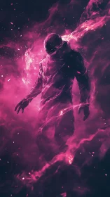 Cyberpunk astral figure in neon magenta particle storm.