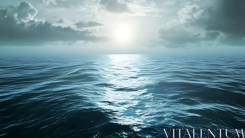 Sunlit open ocean horizon under moody cloud cover.