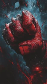 Red armored fist impacts dark void with high-energy particle shards