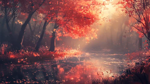 Autumn Forest Reflection in Fire-Toned Light