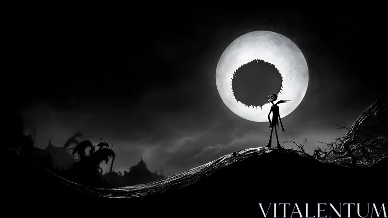 Silhouetted figure stands before large cratered moon disk