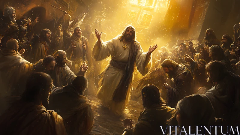 Central robed figure addressing followers in golden light scene.