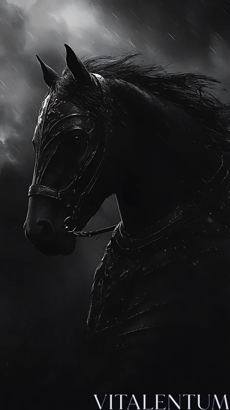 Armored black horse in rain against dark storm clouds.