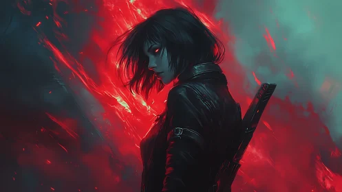 Midnight blade bearer in a storm of red embers.