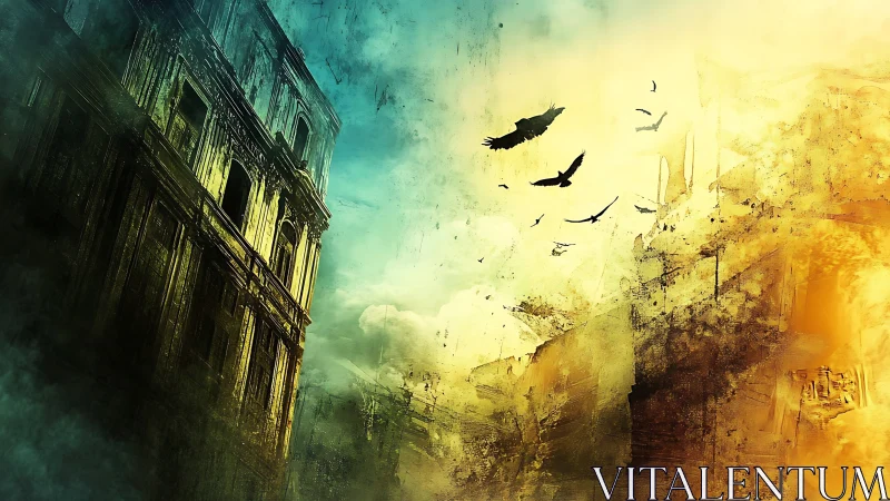 Decayed facade and soaring birds divide teal-gold skyline