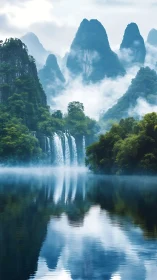 Misty mountain waterfalls reflected in a tranquil lake.