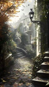 Digital painting of sunlit ivy lane with stepped cobblestone path.