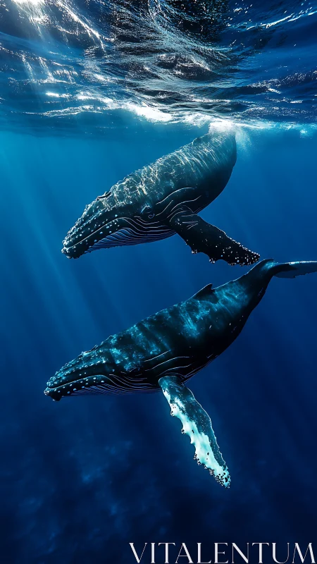 Dual humpback whales in axial blue-water illumination field.