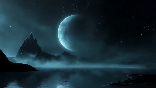 Moonlit Mist over Silent Alien Tides, dreaming blue worlds.