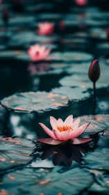 Midnight lily whisper on a teal and rose-tinted pond.