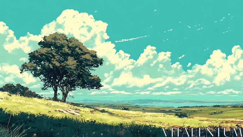 Summer hillside tree overlooking expansive coastal plains.