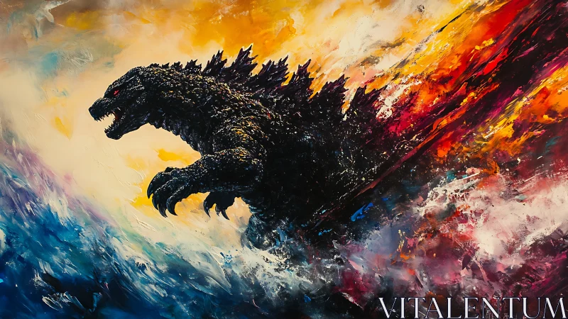 Roaring sea monster strides through fire and stormy waves