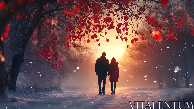 Two silhouetted figures walk through winter landscape under red foliage
